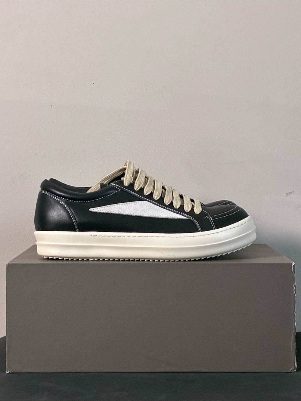 Rick Owens Black Leather Low-Top Sneakers with Cream Accents